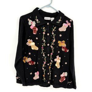 Holiday-Themed B.P. Design Embroidered Cardigan Sweater M - Cotton/Acrylic Blend